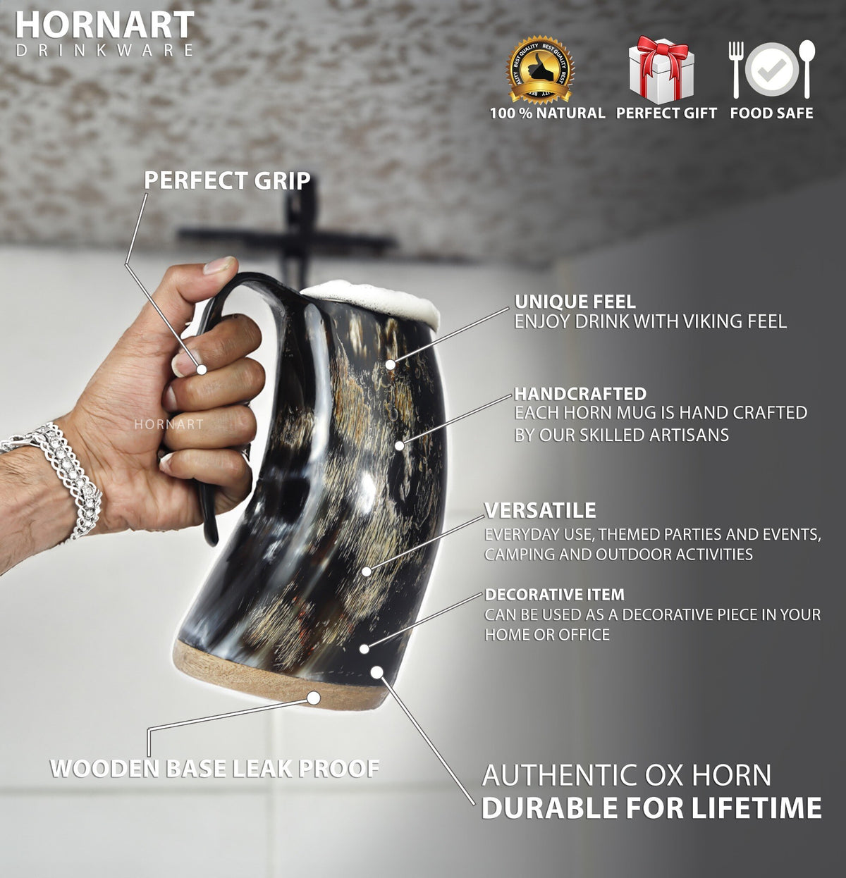 Natural Ox Horn Viking Mug Set with Wooden Base, Shot Glass & Bottle Opener – 16–20 oz