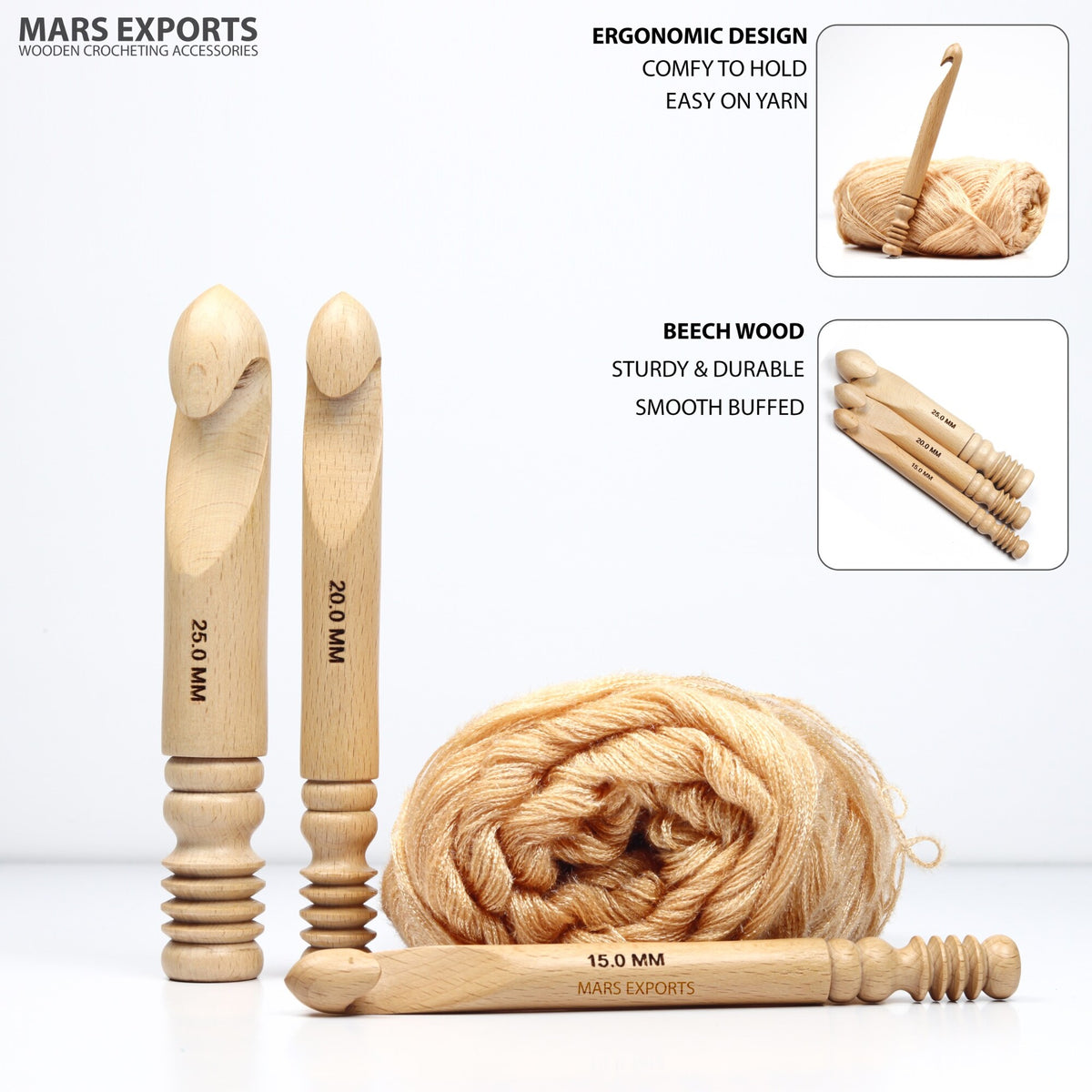 Three shaped beechwood crochet hooks for comfortable controlled stitching
