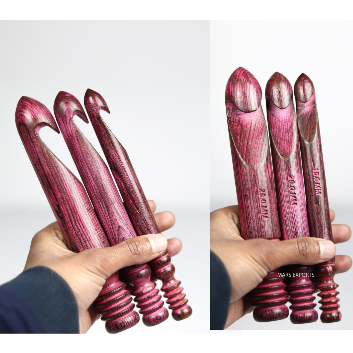 15 mm, 20 mm and 25 mm antique red crochet hooks shown at hand scale