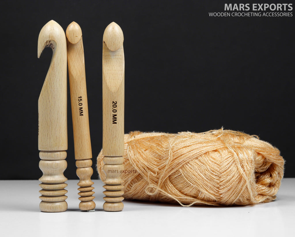 Natural wooden crochet hooks shown with yarn for fiber-art projects
