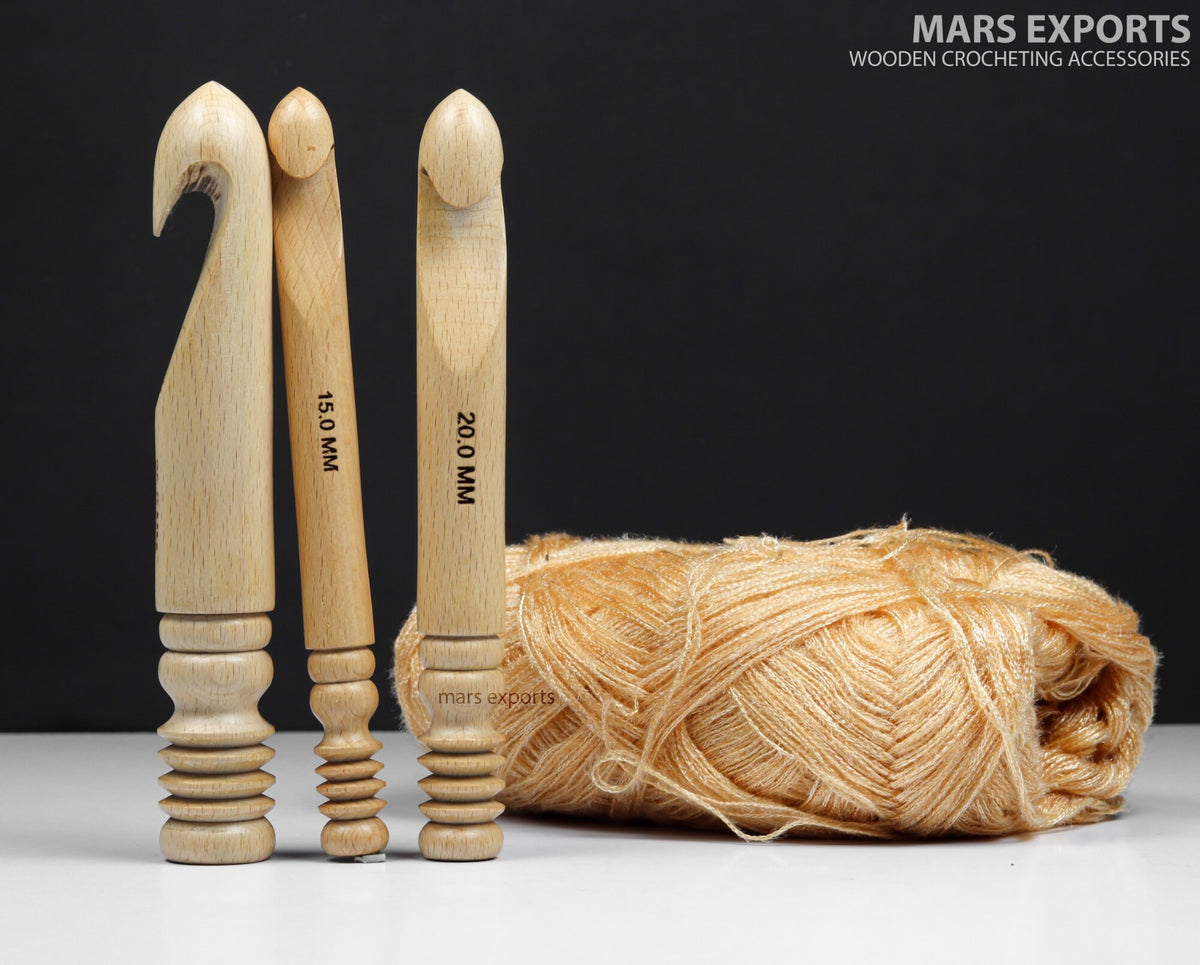 Natural wooden crochet hooks shown with yarn for fiber-art projects
