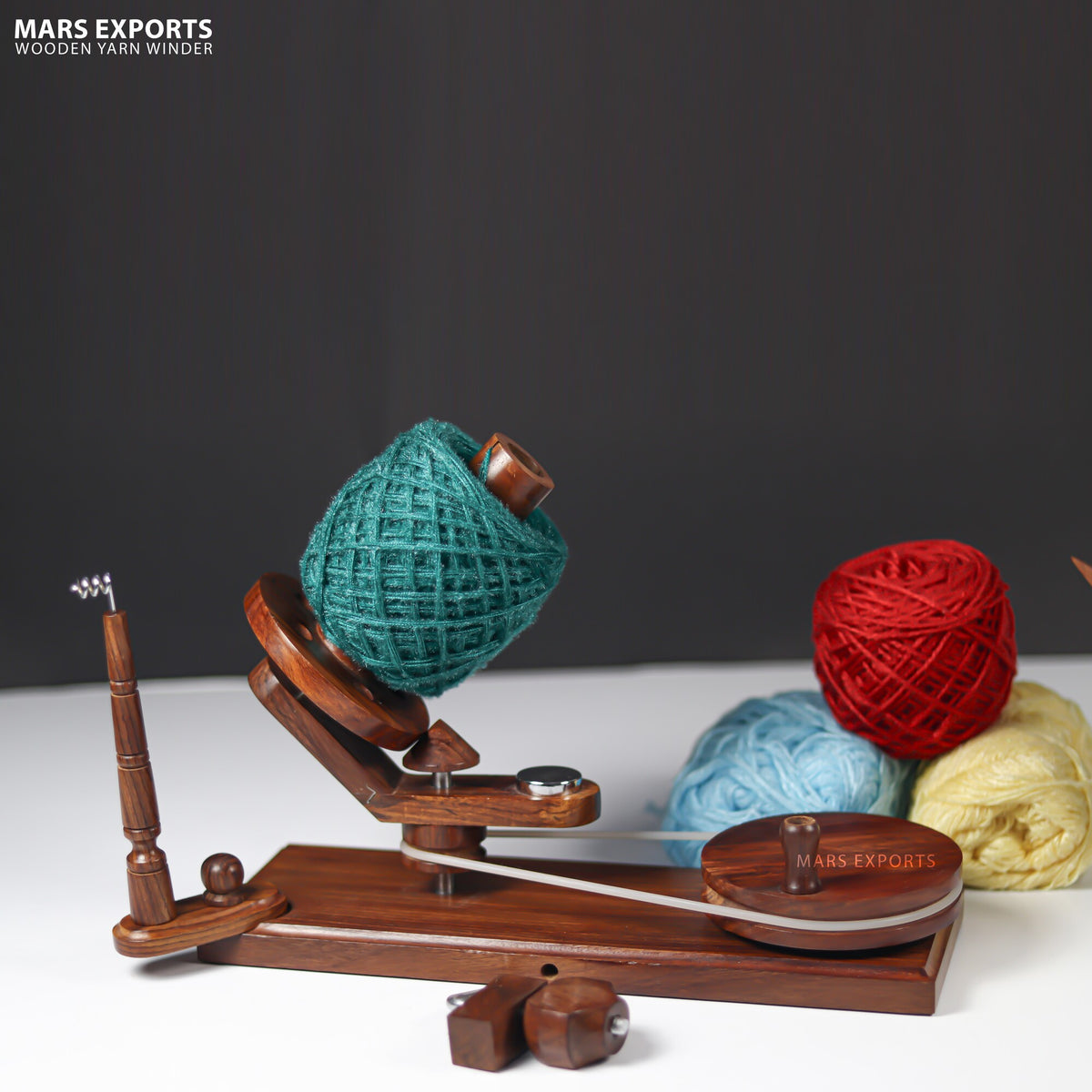 Rosewood yarn winder for organizing yarn before fiber-art projects