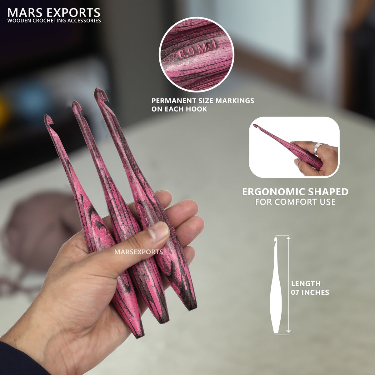 Dolphin crochet hook size marking, shaped grip and product length details