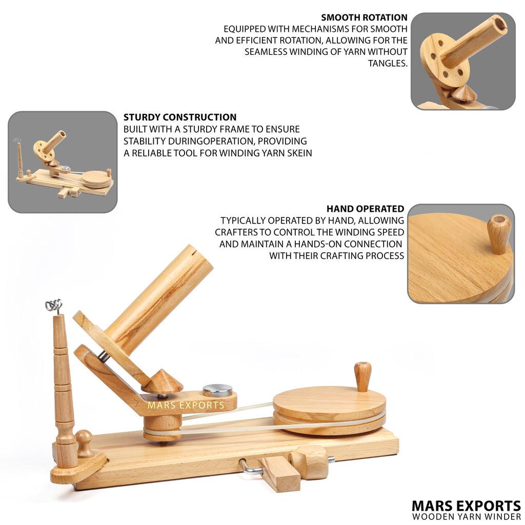 Manual beechwood yarn winder construction, rotation and operation details