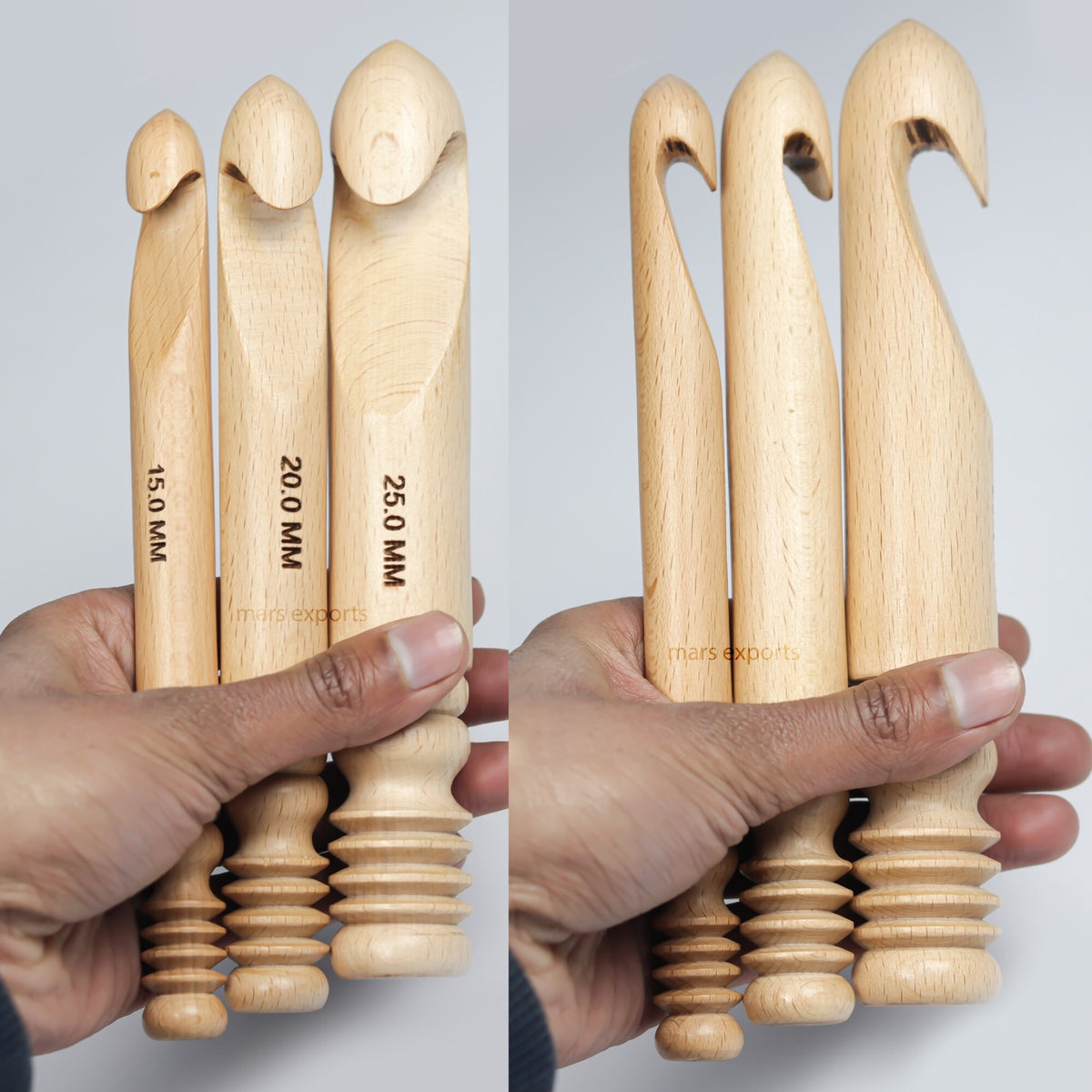 Three assorted beechwood crochet hook sizes shown at hand scale