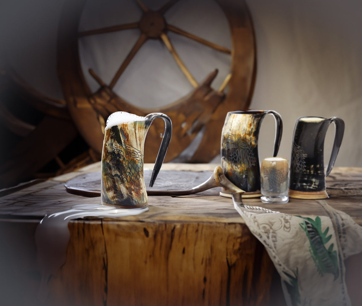 Natural Ox Horn Viking Mug with Shot Glass & Bottle Opener – Wolf Wood Design