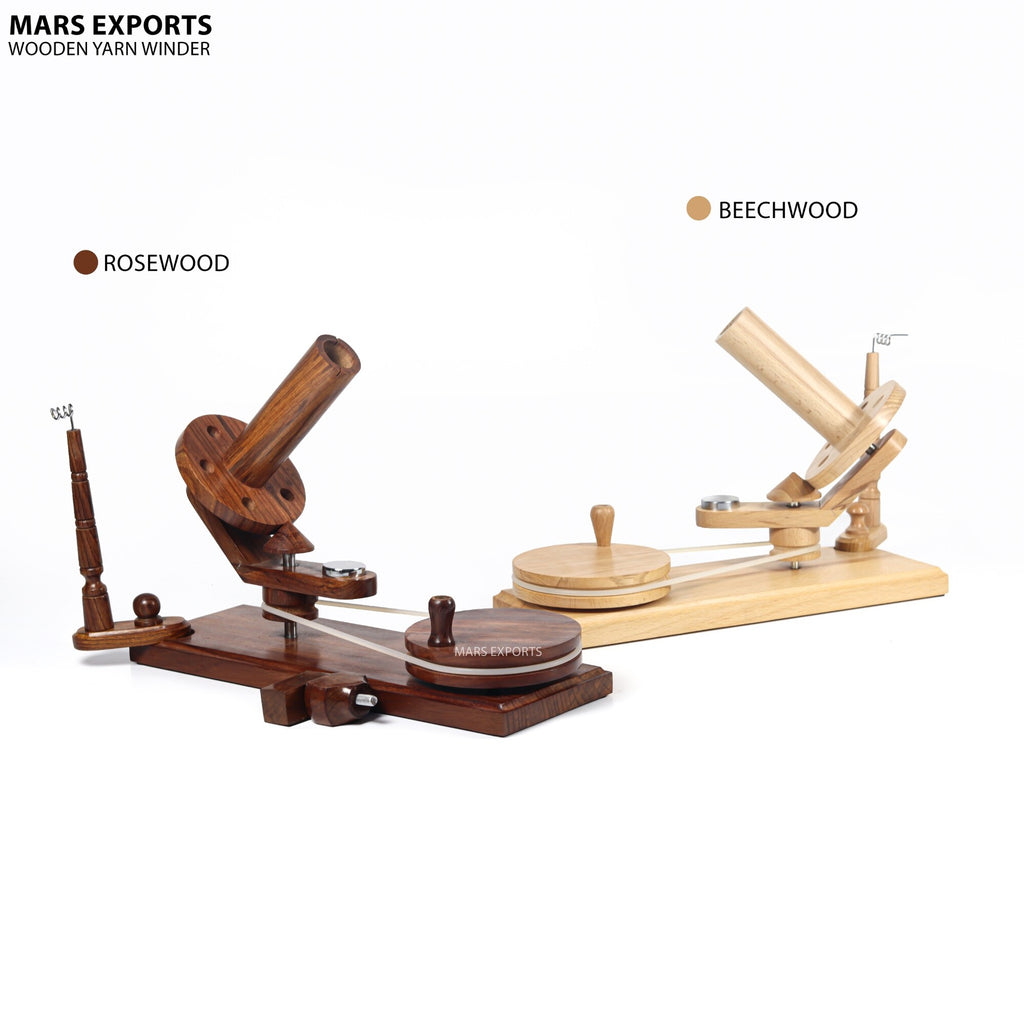 Wooden yarn winder shown in rosewood and beechwood finish options