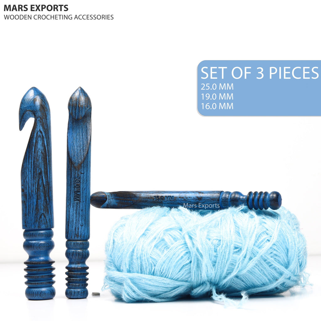 Set of three antique blue crochet hook sizes for bulky-yarn projects