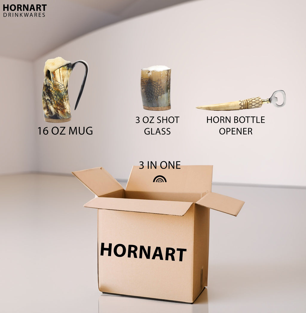 Natural Ox Horn Viking Mug with Shot Glass & Bottle Opener – Wolf Wood Design