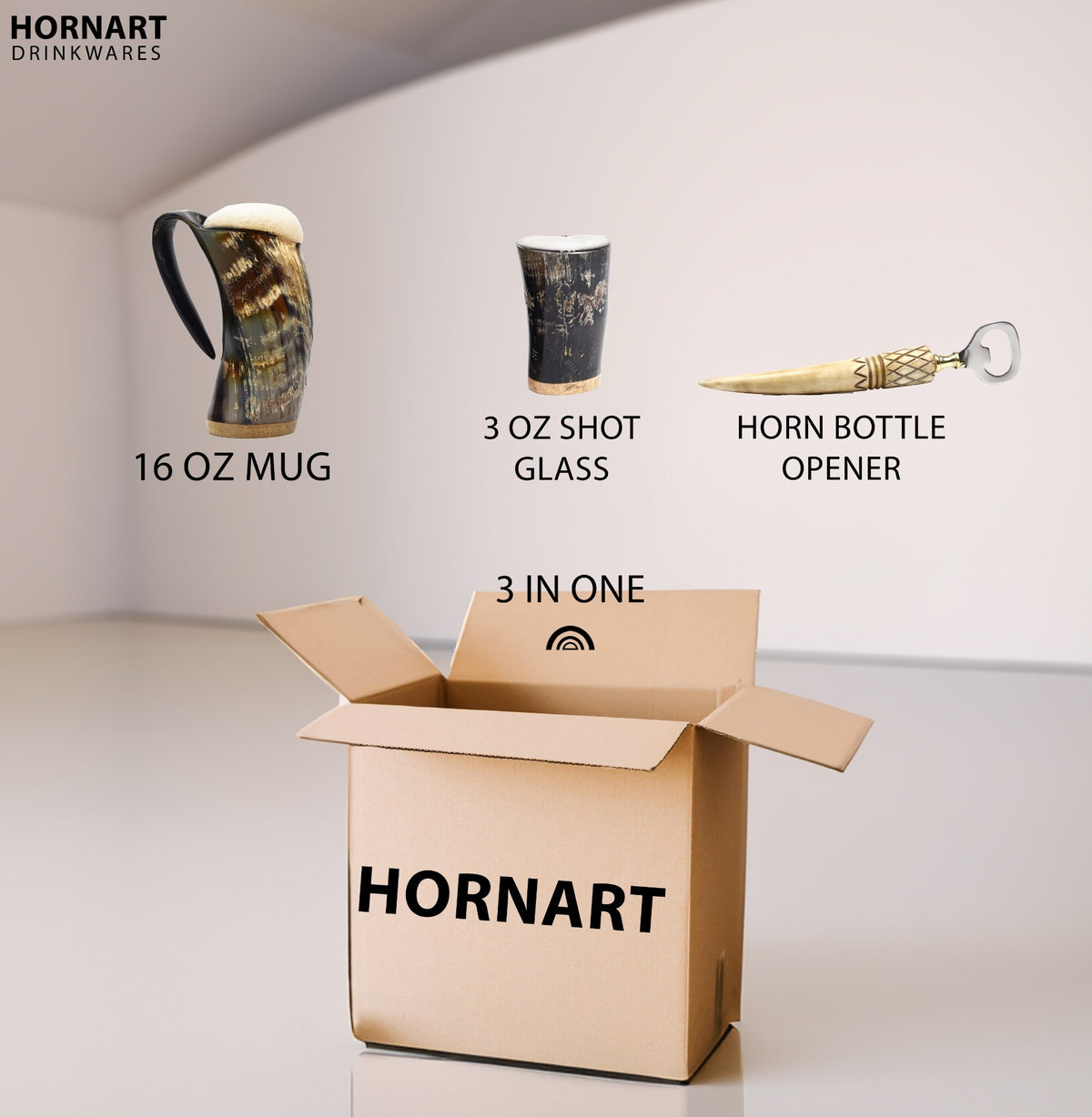 Natural Ox Horn Viking Mug Set with Wooden Base, Shot Glass & Bottle Opener – 16–20 oz