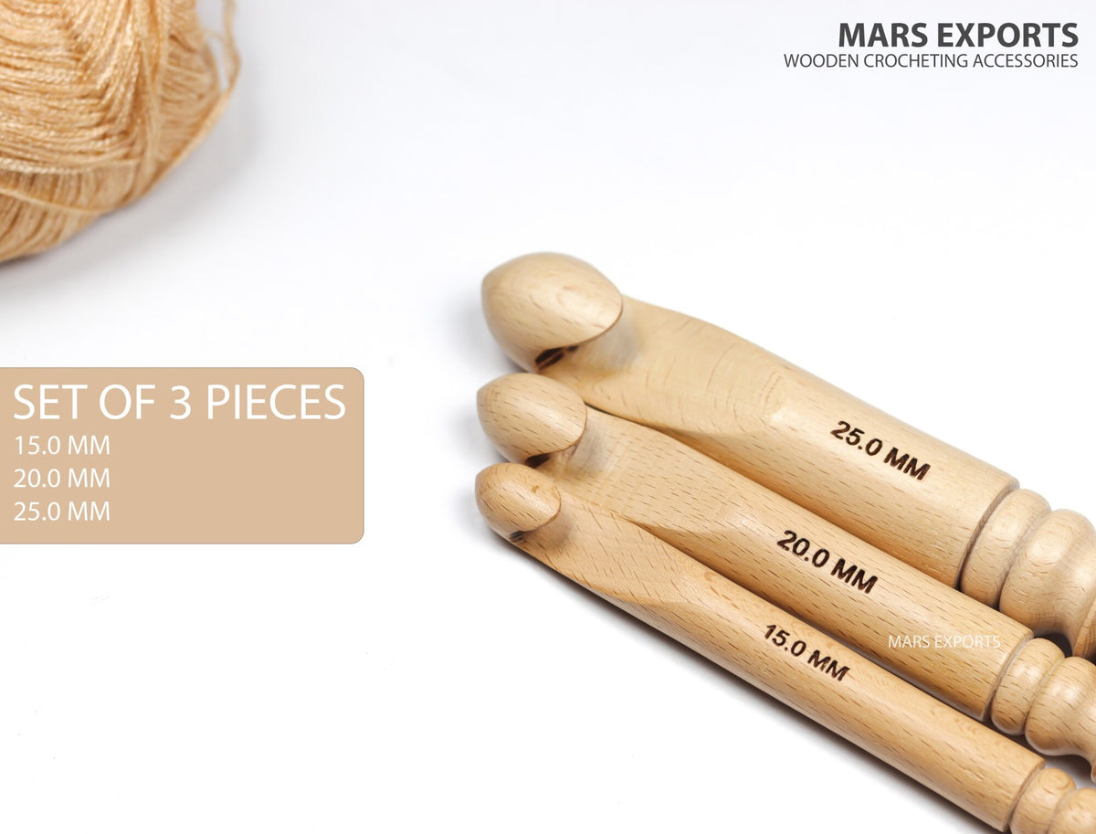 Set of three beechwood crochet hooks in assorted sizes