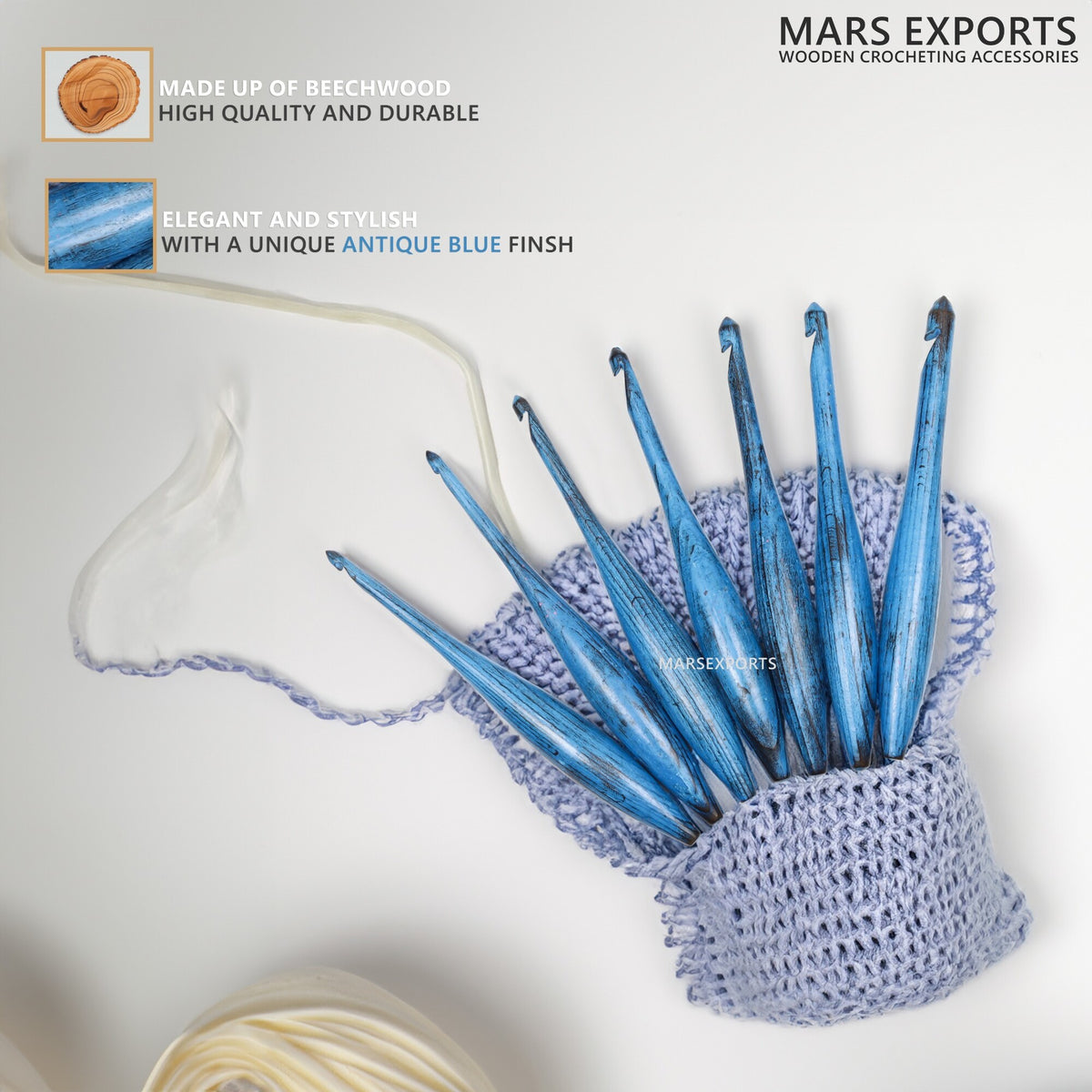 7-Piece Wooden Crochet Hook Set – Dolphin Design, Antique Blue