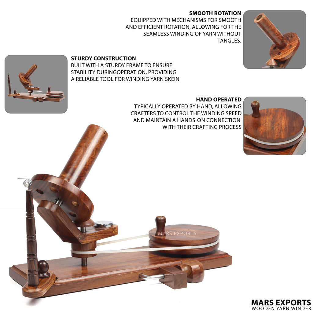 Manual wooden yarn winder with natural rosewood grain
