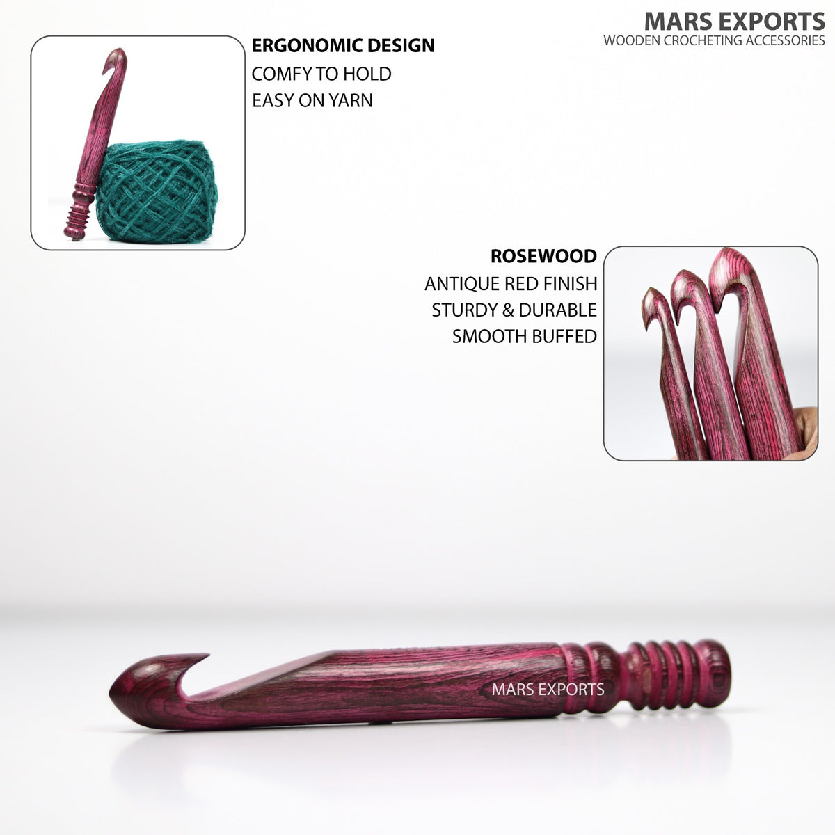 Smooth shaped wooden crochet hook with antique red artisan finish