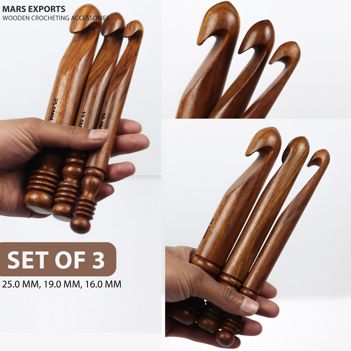 Three-piece antique brown rosewood crochet hook set collage