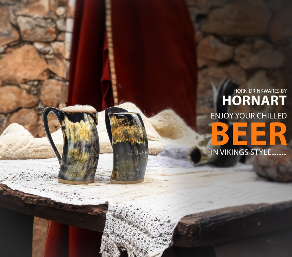 Natural Ox Horn Viking Mug Set with Wooden Base, Shot Glass & Bottle Opener – 16–20 oz