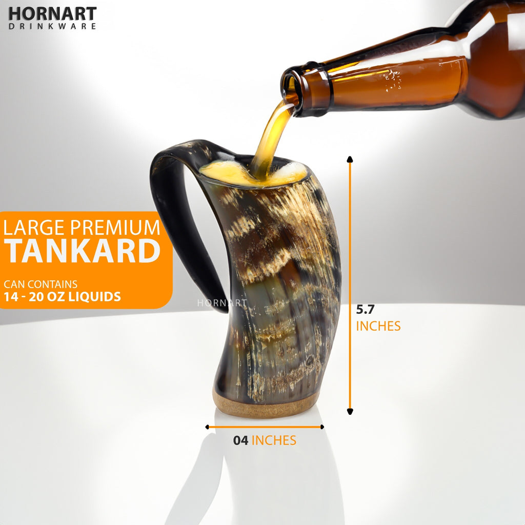 Natural Ox Horn Viking Mug Set with Wooden Base, Shot Glass & Bottle Opener – 16–20 oz