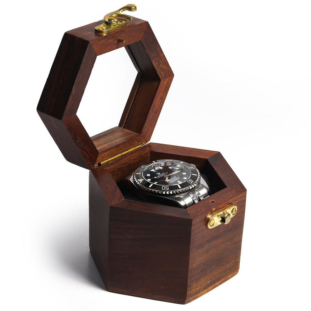 Single Watch Wooden Display Box – Hexagon Watch Storage Case with Clear Lid & Soft Cushion, Brown