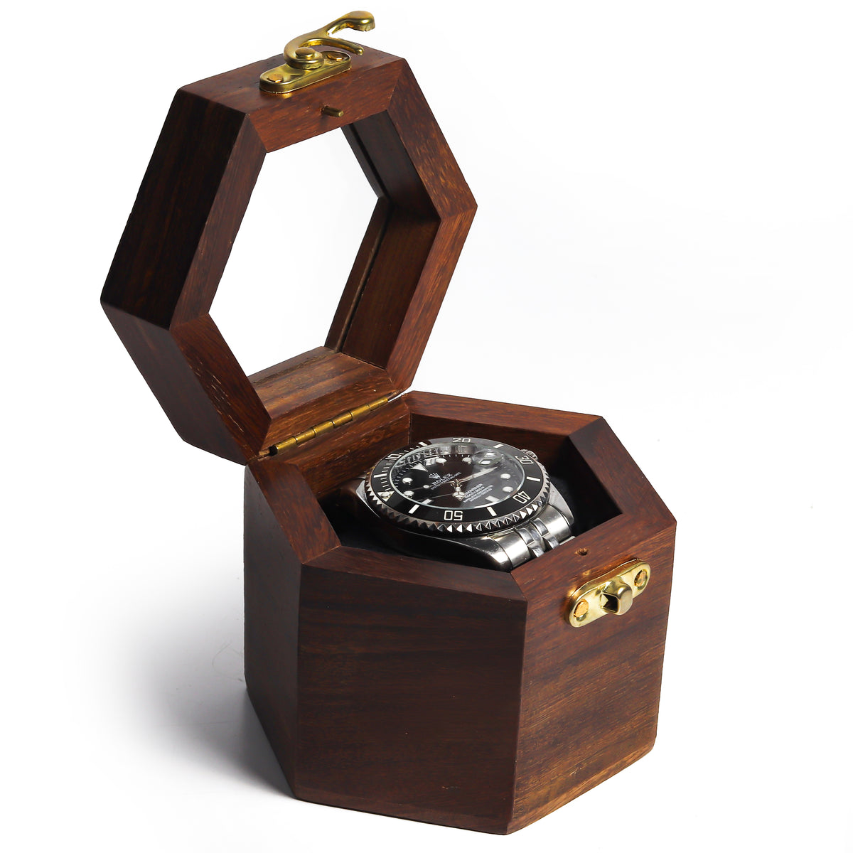 Single Watch Wooden Display Box – Hexagon Watch Storage Case with Clear Lid & Soft Cushion, Brown