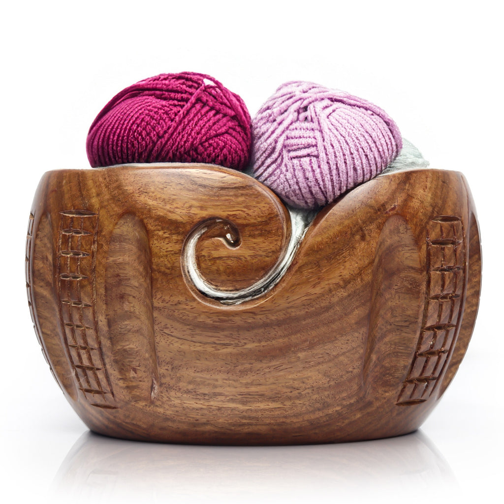 Hand-Carved Indian Rosewood Yarn Bowl for Knitting & Crochet – 7 × 4 in