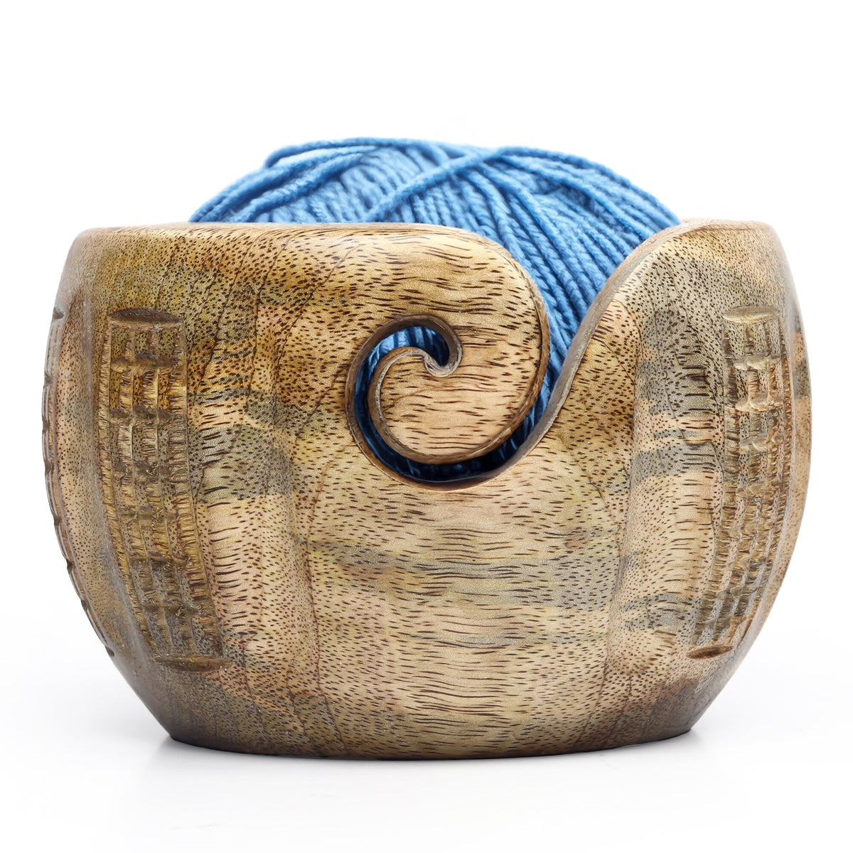 Hand-Carved Mango Wood Yarn Bowl for Knitting & Crochet – 6 × 4 in