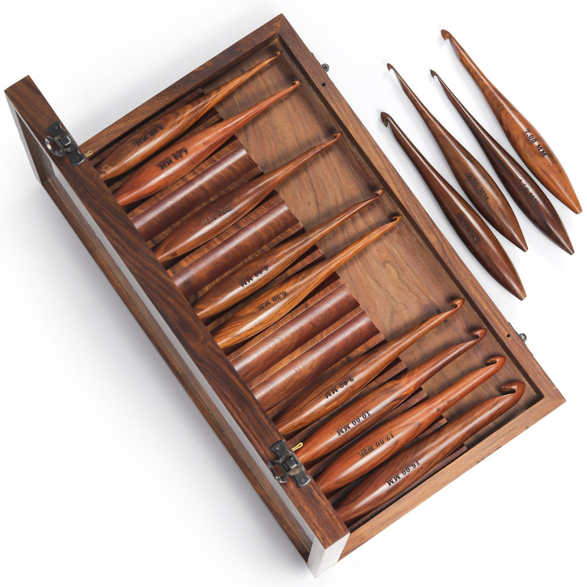 13-Piece Wooden Crochet Hook Set with Rosewood Box, 3.5–16 mm