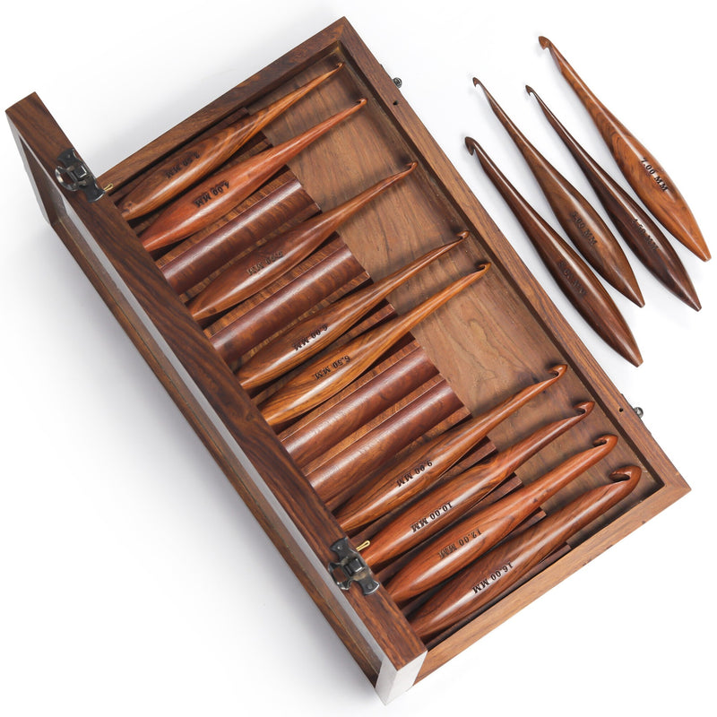 13-Piece Wooden Crochet Hook Set with Rosewood Box, 3.5–16 mm