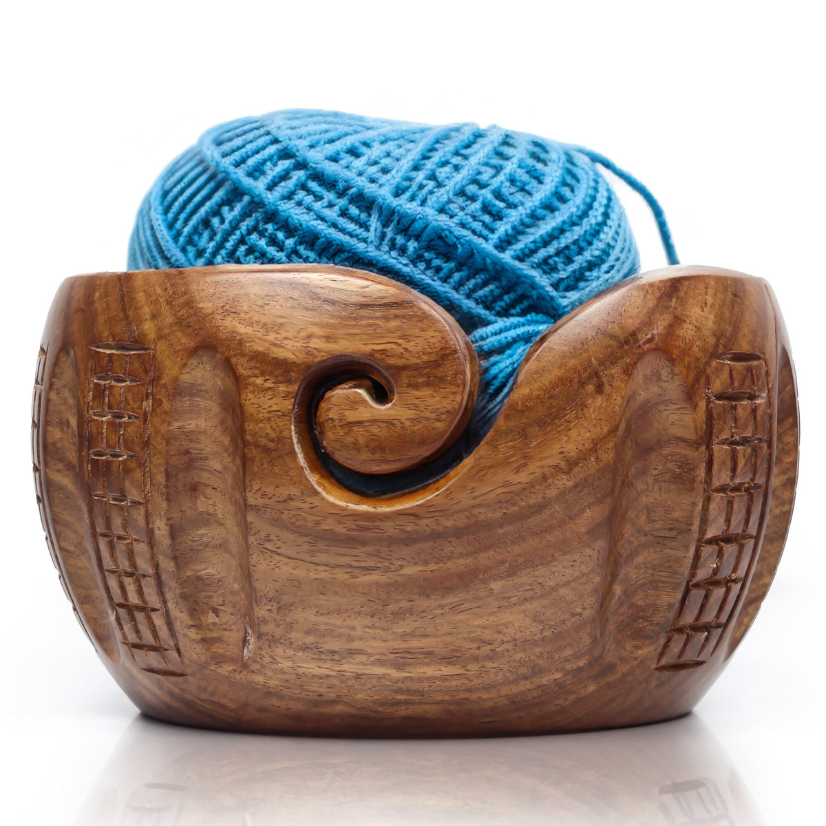 Hand-Carved Indian Rosewood Yarn Bowl for Knitting & Crochet – 7 × 4 in