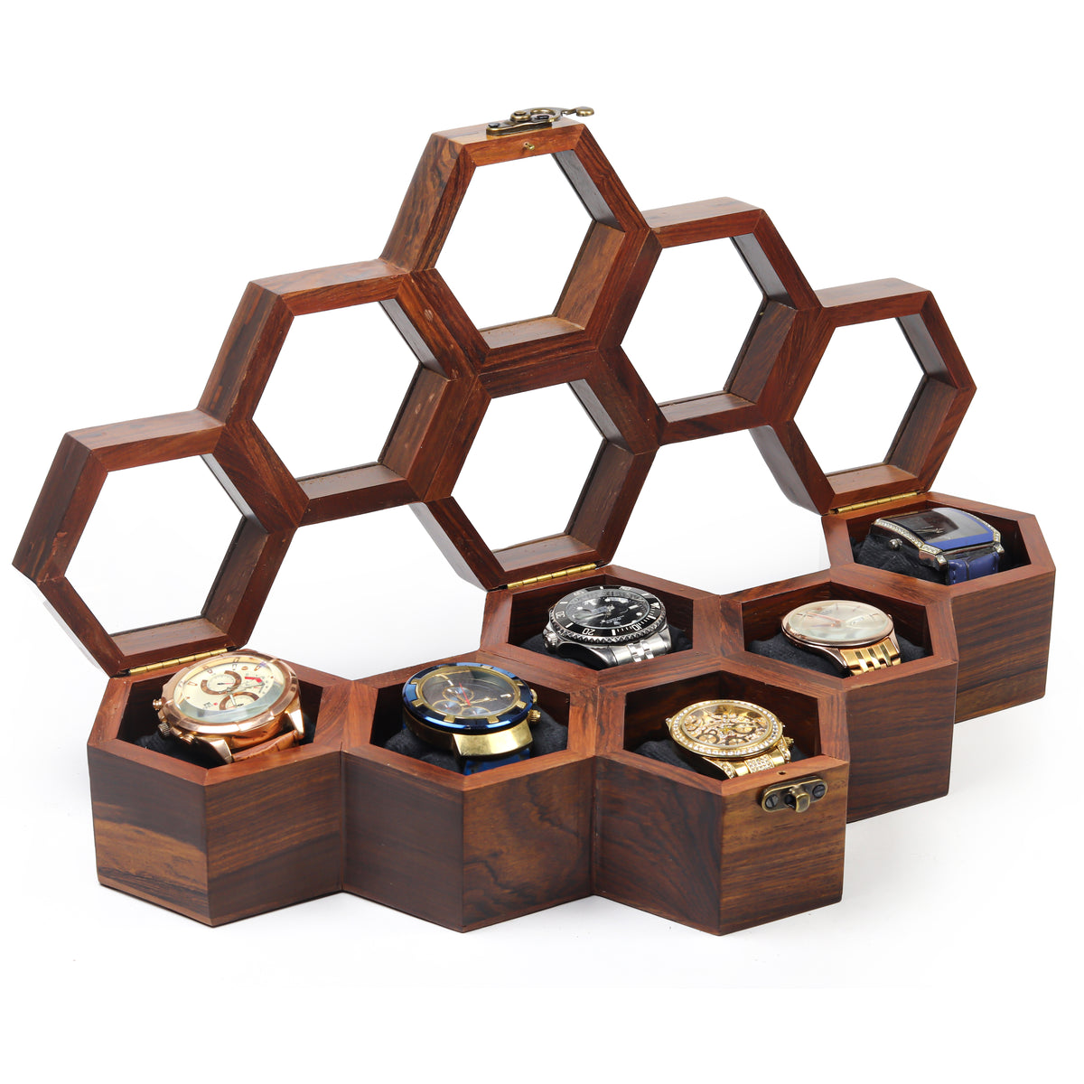6 Watch Wooden Showcase Box – Brown Geometric Timepiece Display with Glass-Look Windows & Padded Inserts