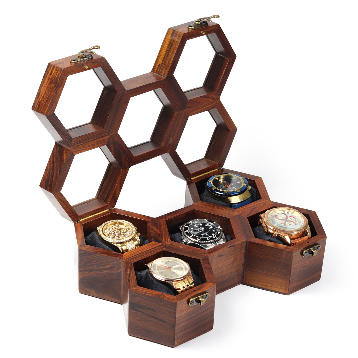 5 Slot Wooden Watch Box – Honeycomb Watch Display Case with Clear Lids & Soft Cushions - Brown