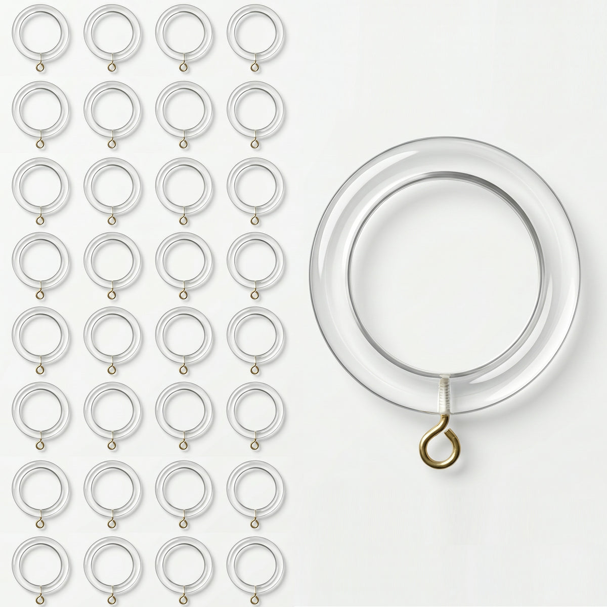 Clear Acrylic Curtain Rings with Gold Eyehooks – Select Ring Size & Pack