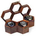 3 Slot Wooden Watch Box – Triple Hexagon Watch Display Case with Clear Lids & Soft Cushions, Brown