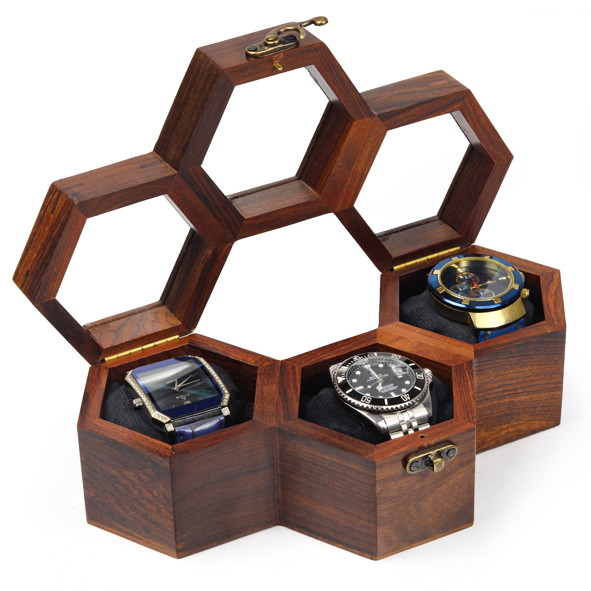3 Slot Wooden Watch Box – Triple Hexagon Watch Display Case with Clear Lids & Soft Cushions, Brown