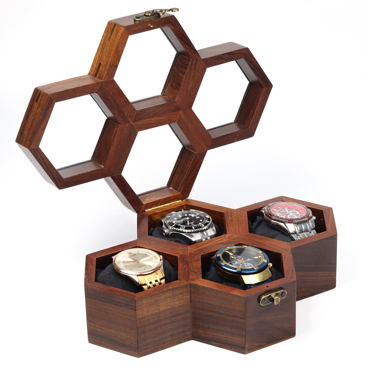 10 Slot Wooden Watch Box for Men – Honeycomb Watch Display Organizer with Transparent Lids, Vintage Metal Latches & Soft Cushions, Brown
