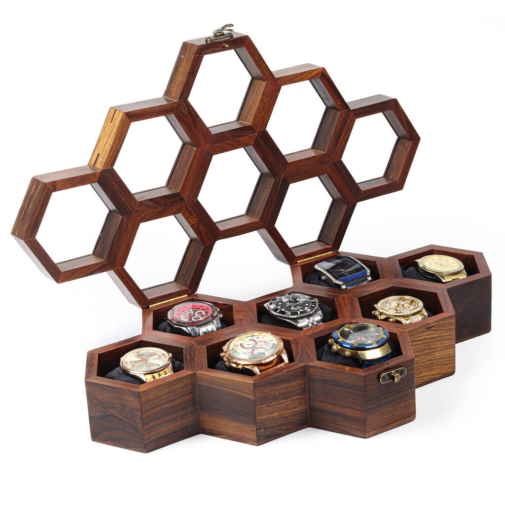 8 Slot Wooden Watch Display Case – Honeycomb Watch Organizer with Clear Covers & Soft Cushions, Brown
