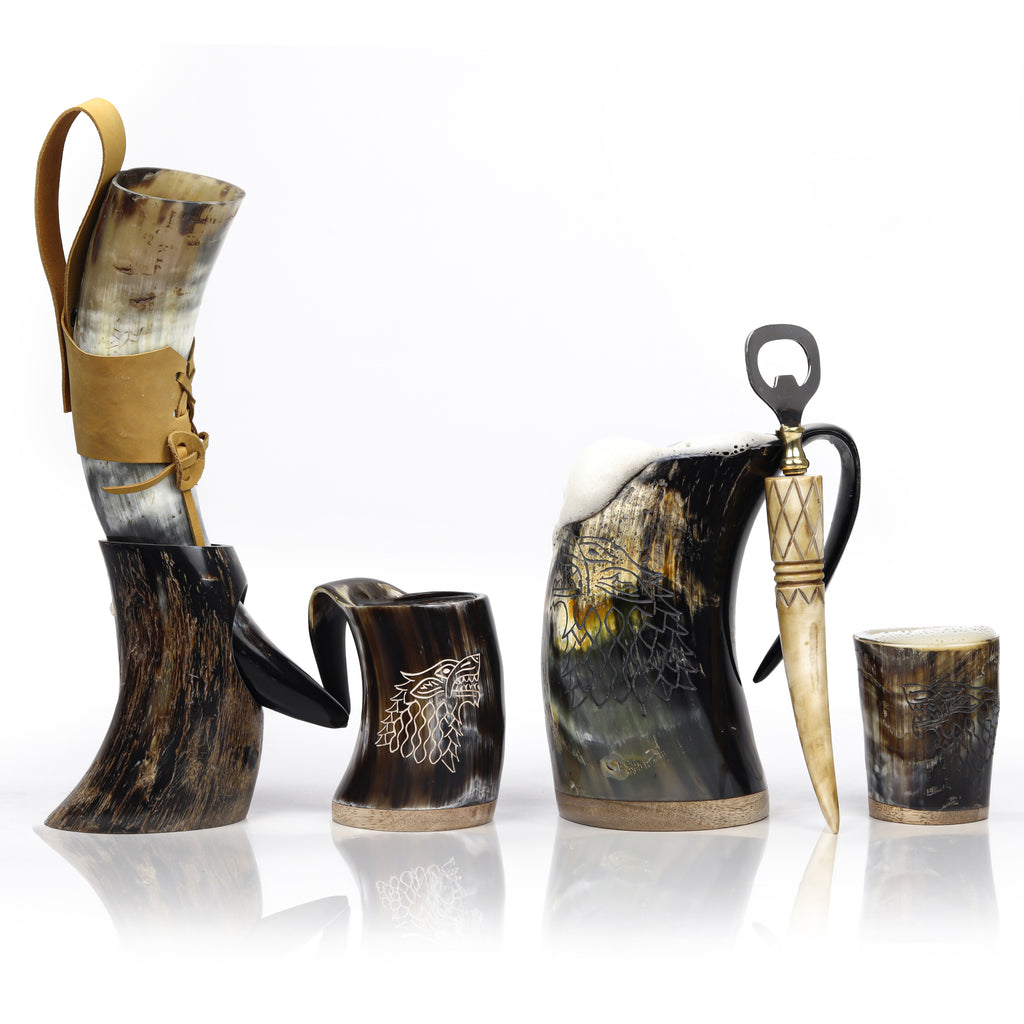 5-Piece Viking Horn Drinkware Gift Set – Mug, Horn, Shot Cups & Opener
