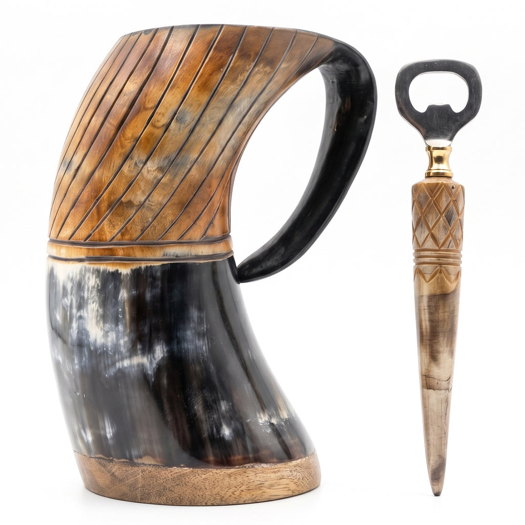 Carved Viking Horn Mug  With Bottl Opener– Natural Ox Horn with Burned Artwork