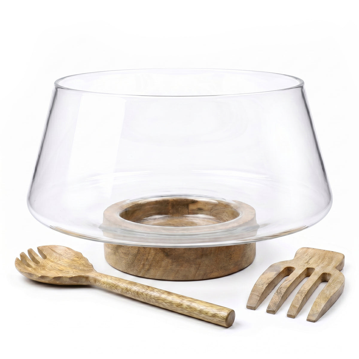 Large Glass Salad Bowl with Mango Wood Base & Serving Spoon – 10 Inch Clear Serving Bowl for Salads, Fruit & Entertaining