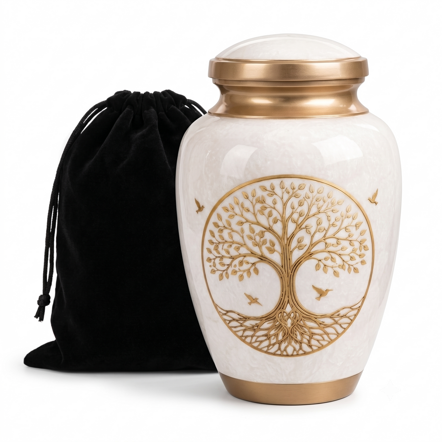 200 Cu In Large White Tree of Life Metal Urn for Adult Ashes – Gold Memorial Urn with Velvet Pouch