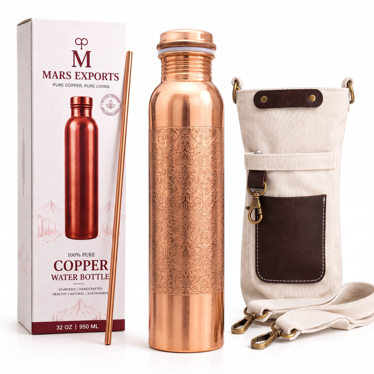 Floral Design Copper Bottle With Straw And Carry Canvas Bag – 950 ml / 32 oz