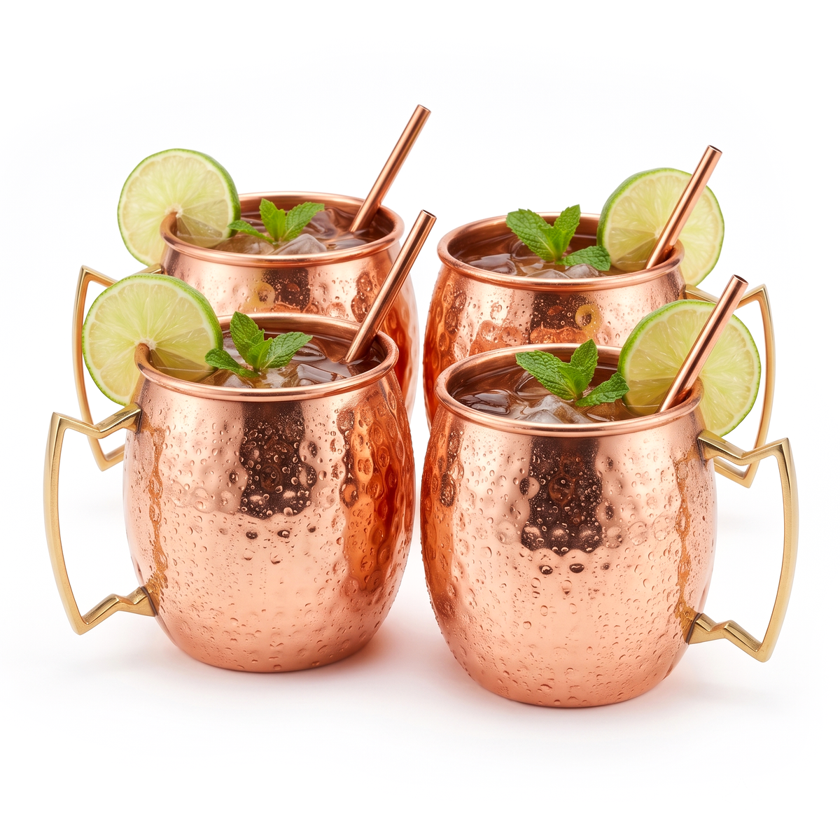 Hammered Pure Copper Moscow Mule Mugs with Straws – Set of 4, 16 oz