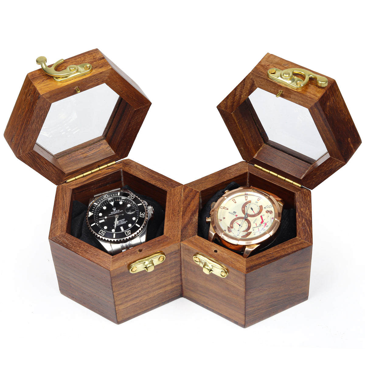 2 Slot Wooden Watch Box – Double Hexagon Watch Holder with Clear Lids & Soft Cushions, Brown