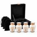 Set of 4 White Tree of Life Mini Keepsake Urns for Ashes – Metal Urns with Velvet Pouches & Box, 3 Cu In Each