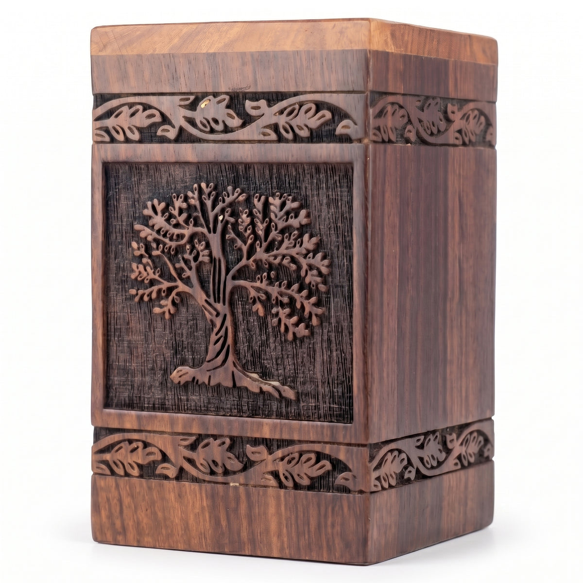 Square medium-capacity memorial urn with handcrafted wooden character