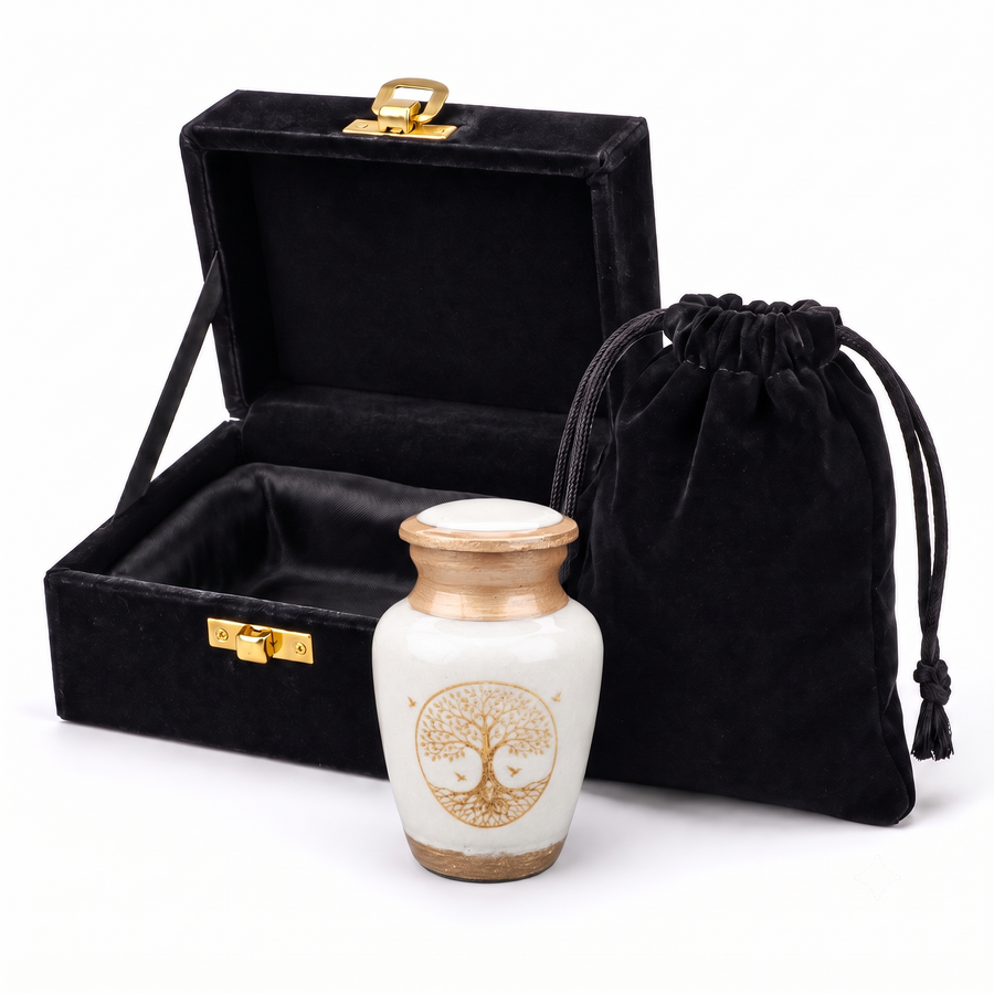 3 Cu In White Tree of Life Mini Keepsake Urn for Ashes – Metal Memorial Urn, Velvet Box & Pouch