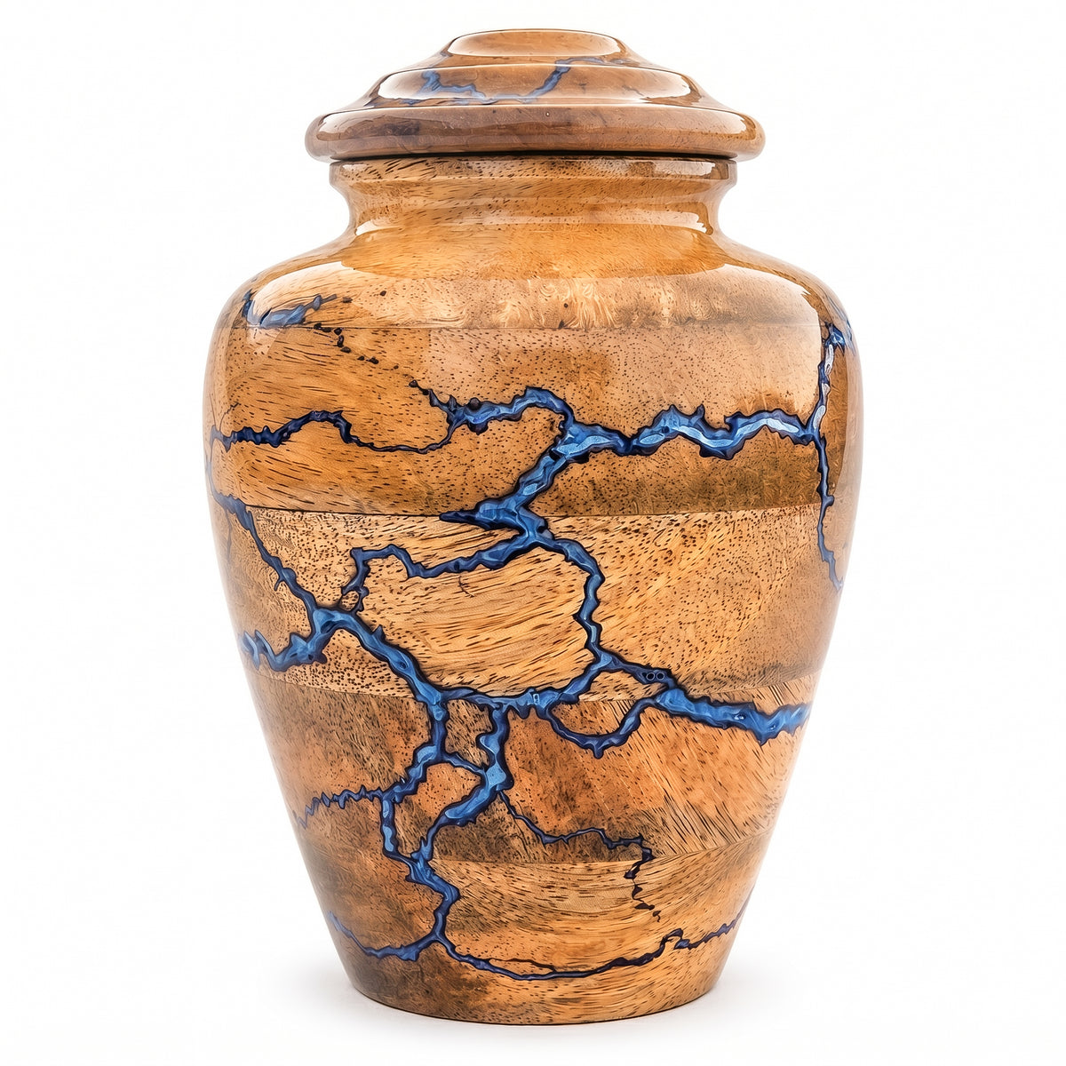 100 cubic inch wooden memorial urn with blue resin design