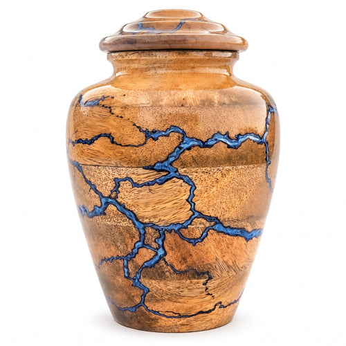100 cubic inch wooden memorial urn with blue resin design