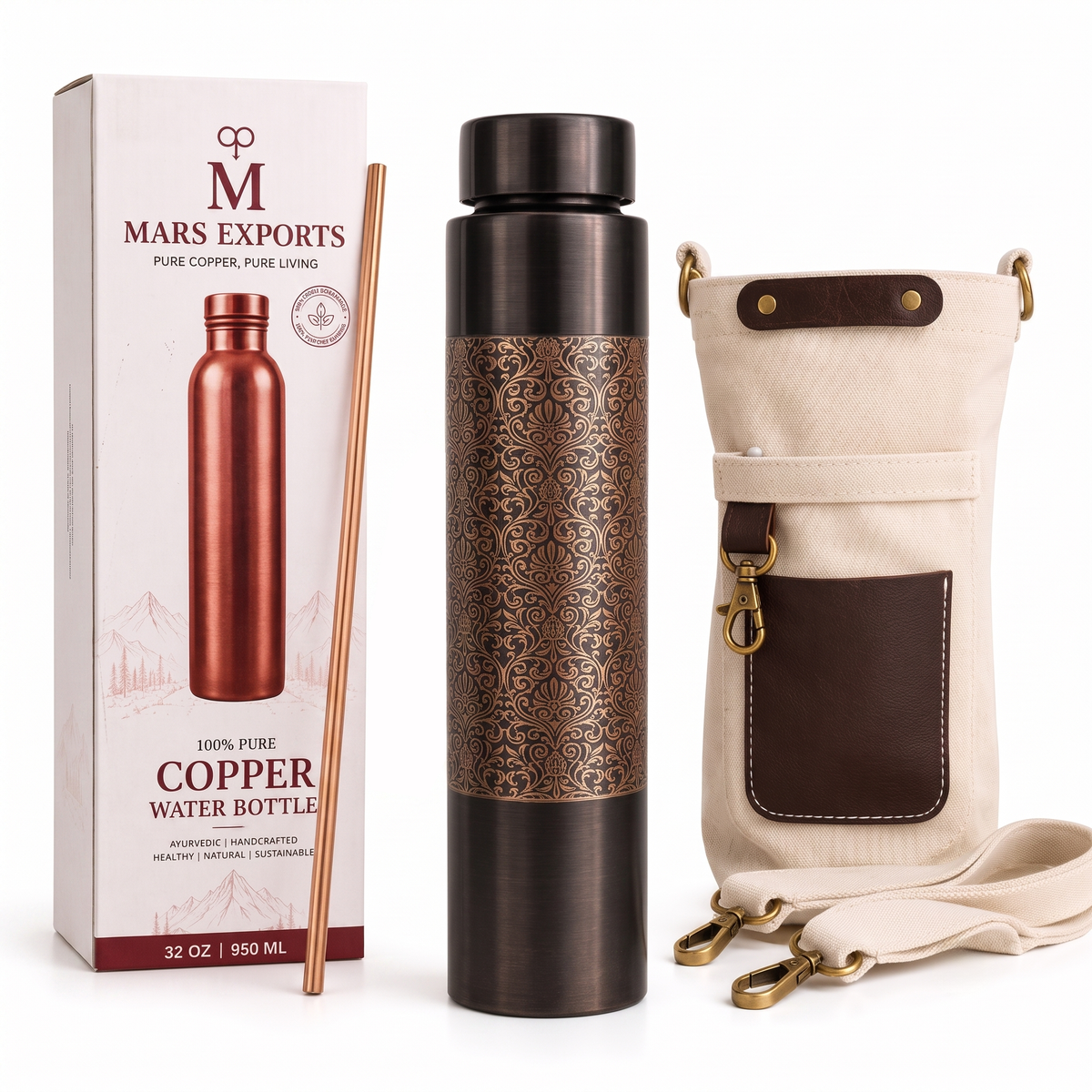 Antique Etched Design Copper Bottle with Canvas Carry Bag and Copper Straw – 950 ml / 32 oz