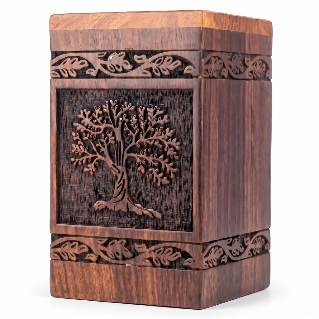 180 cubic inch wooden memorial urn for ashes with Tree of Life design