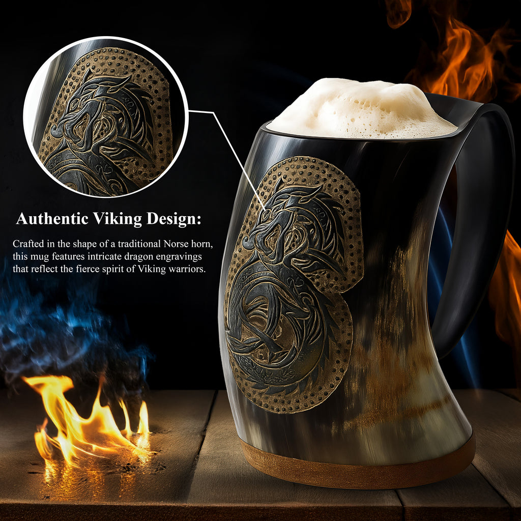 Large 28 oz dragon Viking natural ox horn mug – product view 7